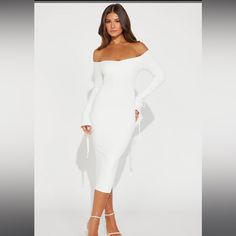 Long Sleeves Midi Dress Keyhole Back Length= 45” 80% Polyester & 20% Spandex White Stretch Off-shoulder Midi Dress, Off-shoulder Bodycon Midi Dress For Brunch, Silver Midi Dress, Off The Shoulder Midi Dress, Tie Sleeve Dress, 70 Fashion, Midi Dress Plus Size, Draped Midi Dresses, Bandage Midi Dress