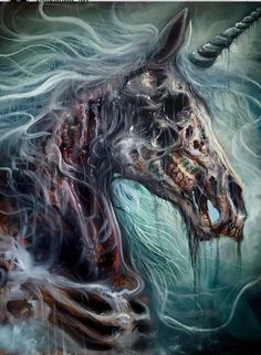 an artistic painting of a horse with long hair and horns on it's head