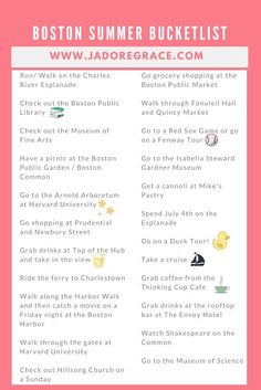 the boston summer bucket list is shown on a pink background