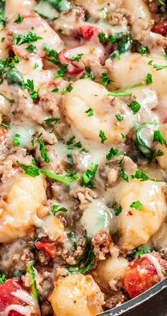 a skillet filled with meat and vegetables covered in cheese