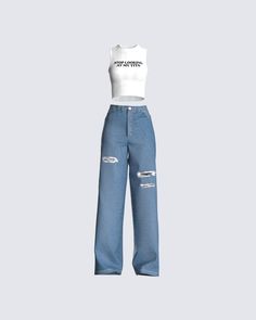 The perfect go-to everyday look for our babes who don't need to do much to stand out 😊 Take on your day with confidence, and that IDGAF attitude in this white rib graphic top, and distressed jean set 💅🏼 Idgaf Attitude, Top And Jeans Outfit, Jean Set, White Corset Dress, Y2k Party, Graphic Top, Party Outfits, Jeans Outfit, Looks Chic