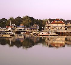 boats are docked in the water near houses