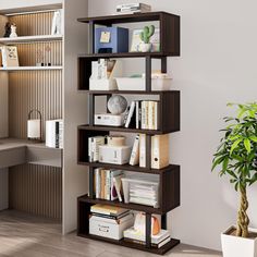 a room with a desk, bookshelf and potted plant on the floor