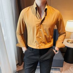 Men Spring and Autumn High Quality Business Dress Shirts/Male Slim Fit Luxury Dress Shirt Male Formal Button-Down Collar Shirt Business Dress Shirts, Fits Streetwear, Streetwear Shirts, Spandex Shirts, Shirt Casual Style, Men Spring, Business Dress, Striped Sleeve, Business Dresses