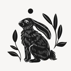 a black and white drawing of a rabbit sitting in the middle of an olive branch