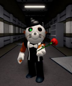 an animated cat holding a red rose in his hand