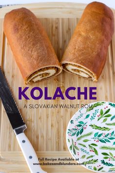 the cover of kolache is shown with a knife and plate next to it