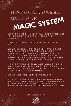 the magic system poster with text that reads things to ask yourself about your magic system