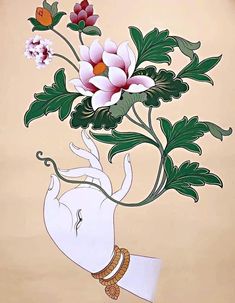 an elephant holding flowers in its trunk on a beige background with white and orange accents