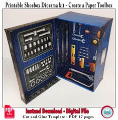 an open tool box with tools inside on a white background and below it is the text, printableshoot diorama - create a paper toolbox