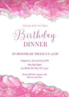 a pink rose birthday party card with the words,'please join for a birthday dinner in