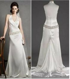 the back and side of a white wedding dress with silver beading on the waist