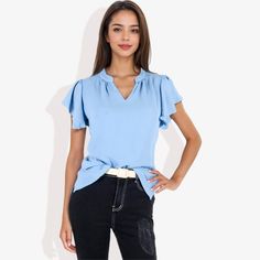 The Anna-Kaci Women's Short Sleeve Ruffle Hem V-Neck Blouse is a perfect blend of style and comfort, making it an ideal choice for casual wear. Crafted from lightweight, breathable fabric, this blouse features a flattering V-neckline and short sleeves that ensure all-day comfort. The ruffle hem adds a touch of feminine charm, enhancing its casual yet chic appeal. Whether you're running errands, meeting friends for a casual lunch, or enjoying a relaxed day out, this versatile blouse pairs effortl Mom On The Go, Ruffle Hem Blouse, Flared Sleeves Top, Meeting Friends, Ruffle Sleeve Blouse, Cold Shoulder Blouse, Womens Tops Summer, Peplum Blouse, Linen Blouse