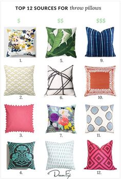 the top 12 sources for throw pillows in different styles and colors, including pink, blue,