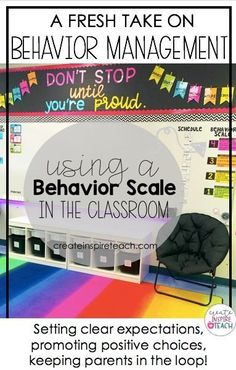 a classroom poster with the words using a behavior scale in the classroom and an image of a chair