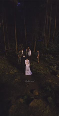 a group of people standing in the woods at night with one woman wearing a wedding dress