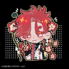 an anime character with red hair and flowers