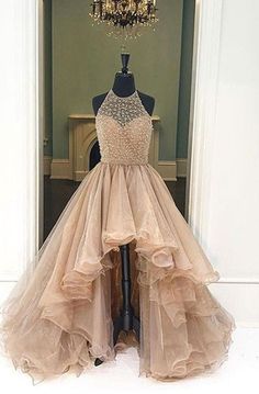 2024 Halter Beaded High Low Organza Champagne Prom Dresses Sleeveless Beaded Prom Gown, Sleeveless Beaded Gown For Prom Season, Sleeveless Beaded Gown For Prom, Sleeveless Rhinestone Dress For Banquet, Sleeveless Beaded Gown, Champagne Prom Dresses, Sweet Sixteen Dresses, Champagne Prom Dress, Dress Display