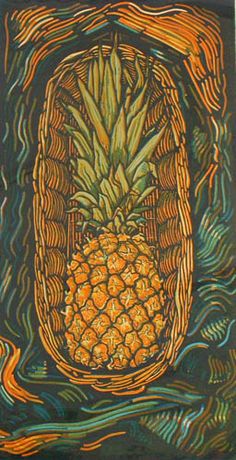 a painting of a pineapple in a basket on a black background with swirls