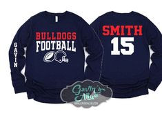 Football Shirt | Football Shirts |  Long Sleeve T-shirt or Long Sleeve | Football Spirit Wear | Customize your team & colors PLEASE READ BEFORE ORDERING Please read full description before ordering we cannot be responsible for mistakes made by not reading the full description. ORDERING INSTRUCTIONS: 1. Select your Garment Size/Color Each size must be selected separately. Please do NOT leave a list of sizes in the notes. This will delay your order 2. In the Personalization Section(Add requested i Long Sleeve T-shirt With Team Name For Sports Season, Varsity Crew Neck T-shirt For Team Events, Navy Tops For Game Day During Sports Season, Team-colored Shirt For Sports Events, Team-colored Shirt For Sports Events During Sports Season, Team Spirit T-shirt With Team Name For College, Navy Sports Fan Top For Game Day, Blue Top With Name Print For Game Day, Blue Tops With Name Print For Game Day