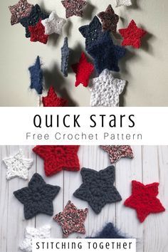 crochet stars with text overlay that says quick stars free crochet pattern