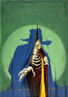 a painting of a skeleton standing in front of a green background with the shadow of a man