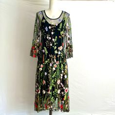 This Beautiful Sheer, Embroidered Floral Dress Comes With A Black Cotton Jersey Slip. The Dress Fabric Is Polyester With Machine-Crafted Embroidery. Elegant And Breezy, This Dress Is Ideal For A Cocktail Party, Wedding, Convention, Fancy Dinner, And More. It Also Can Be Used As A Beach Cover-Up! 3/4’’ Bell Sleeve. Style # - K4925 - W498 Pet And Smoke-Free. Measurements: Armpit To Armpit - 17’’ Front Length - 44’’, Back Length - 49’’ Arm Length - 19’’ (Shoulder Seam To Cuff) Embroidered Floral Dress, Cocktail Party Wedding, Floral Embroidered Dress, Fancy Dinner, Fit N Flare Dress, Embroidered Dress, Bell Sleeve, Dress Fabric, Party Wedding