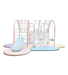 an assortment of toys including a swing, chair and bed in pastel colors on white background