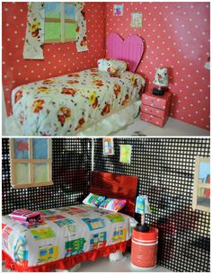 there are two pictures of a bedroom with pink walls and polka dots on the walls