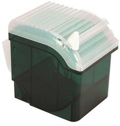 a green and white plastic box on a white background with the lid closed to reveal a bow