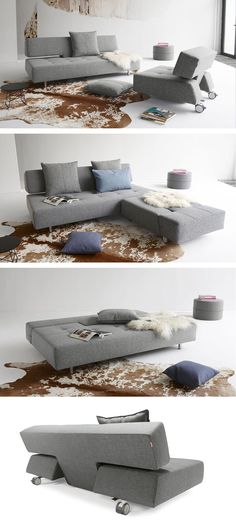 three different views of the same couch and ottoman in various stages of being used to make it