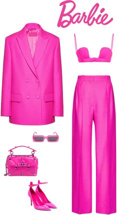 a pink suit and sunglasses are shown with the words barbie written on it's side