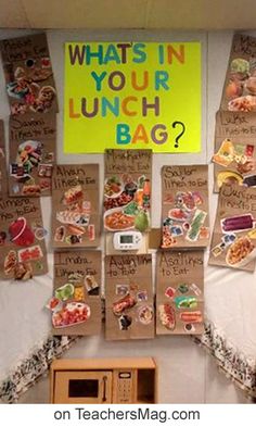 a bulletin board with magnets attached to it's sides and the words what's in your lunch bag?