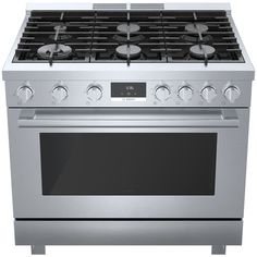 a stainless steel oven with four burners on the front and one in the middle