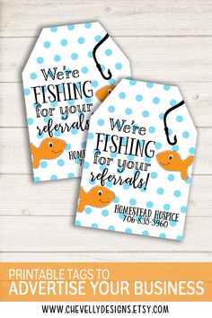 printable tags to advertise your business with fish on blue polka dot paper