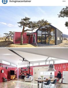 two pictures side by side one has a kitchen and the other has a living room