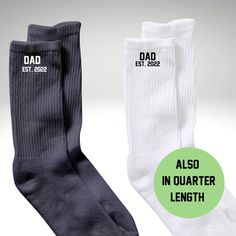 Custom father's day socks with dad est. date embroidery on socks of your choice. These Dad embroidery socks can be on crew socks or quarter length socks (a little above the ankle) white or black of your choice. Father dad date socks make unique and personalized gifts for Father's Day. The embroidery font is in all capital letters with the custom date. Please leave a note with your est. Date. ** Offered in Plain white/black crew length or in quarter length socks. Please select the right option. M Dad Socks, Personalized Socks, Name Embroidery, Custom Nikes, Custom Keychain, Embroidery Fonts, Casual Socks, Socks And Hosiery, Crew Socks