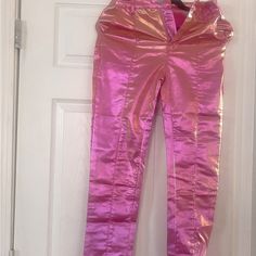 Pink Metallic Wax Feel Stretchy Pants Skinny Leg More Vibrant In Person Color Shifts New Never Worn Size 27 Pink High Waist Party Leggings, Pink High-waist Party Leggings, Pink High Waist Leggings For Party, High-waist Pink Leggings For Party, Spring Party Straight Leg Leggings, Pink Party Pants With Pockets, Pink Party Bottoms With Pockets, Pink Pants With Pockets For Night Out, High Rise Party Bottoms With Pockets