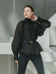 Composition : cupra 75%, polyester 25% / polyester 100%Color : black_FREECountry of Origin : KOREA Black Sheer Blouse, W Concept, Sheer Blouse, Black Blouse, High Neck, Top Blouse, Top Outfits, The Originals, Clothes For Women