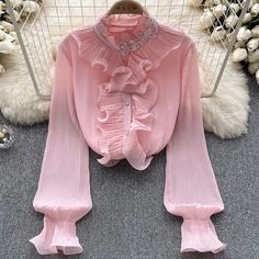 Pink Puff Sleeve Top, Pink Sequin Top, Shirt Blouses Women's, Petal Sleeve, Pretty Blouses, Chiffon Flowers, Fashionista Clothes, Elegant Dresses For Women, Flower Petal