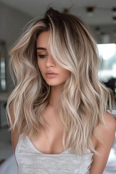 Different Colour Blondes, Balayage Dimensional Blonde, Fall Platinum Blonde, Blonde Hair Ideas With Dark Roots, Ash Blonde Balayage With Lowlights, Platinum Blonde Hair Roots, Ash Blonde Hair Inspiration, Cool Blonde Lowlights, Icy Blonde Balayage On Dark Hair