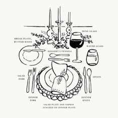 a table setting with wine glasses, plates and utensils labeled in the words how to set the table