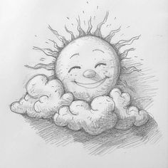 a drawing of a smiling sun with clouds