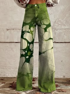 Women's Retro Green Gradient Water Pattern Print Casual Wide Leg Pants Cowhide Fabric, Water Pattern, Amazon Beauty, Green Gradient, Water Patterns, Diy Vetement, Casual Wide Leg Pants, Painted Clothes, Personalized Clothes