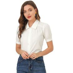 This shirt is suitable for office, work, seminar or anywhere requiring formal wearing, and easy to match with skirts, jeans or any pants. Create a chic style to your daily career wardrobe with this work shirt. Basic button up firm shirt with elegant looking, stylish and feminine. A chic and feminine short-sleeve blouse with turnover collar brings instant romance to any look. White Button Up Women, Button Up Women, Peter Pan Collar Blouse, White Collared Shirt, White Shirts Women, Short Sleeve Dress Shirt, Target Clothes, Skirts Jeans, White Button Up