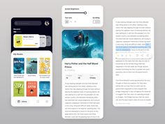 three mobile screens showing different books on the same page, one with an image of two people