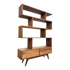 a wooden shelf with three shelves and two drawers on one side, against a white background