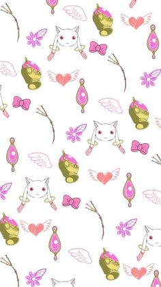 an image of a pattern with cats and angel wings on the white background for wallpaper