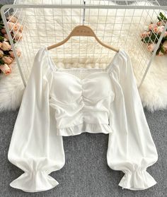 Design High Waist Retro Shirt Top Fancy Top Outfits, Unique Tops For Women Fashion, White Top Fancy, Trendy Fitted Blouse With Lantern Sleeves, Summer Party Top With Lantern Sleeves, Summer Party Tops With Lantern Sleeves, Summer Party Lantern Sleeve Top, Long Sleeve Chiffon Blouse For Party, Chiffon Long Sleeve Party Blouse