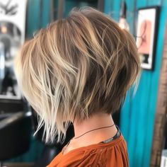 Choppy Graduated Bob, Cute Angled Bob Haircuts, Choppy Asymmetrical Haircut, Back Stacked Bob Haircut, Edgy Stacked Bob Short Hair, Haircuts Ideas For Short Hair, Edgy Choppy Bob Haircuts, Chin Length Bob With Face Framing Layers, Razored Ends Bob